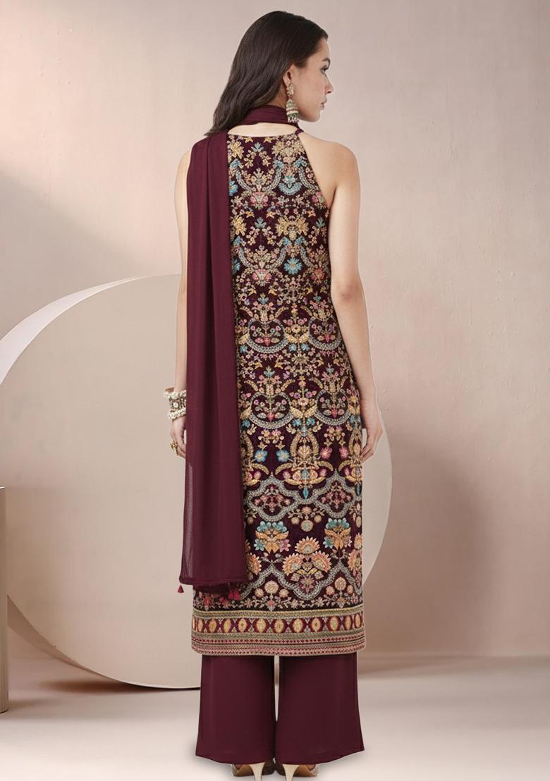 Maroon Printed Crepe Pakistani Suit Set - Indya