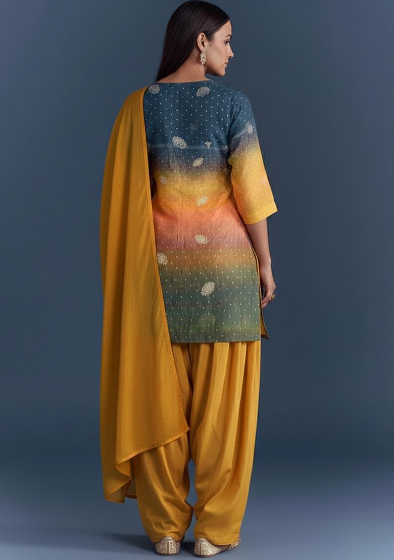 Mustard Yellow Tie And Dye Crepe Punjabi Suit - Indya