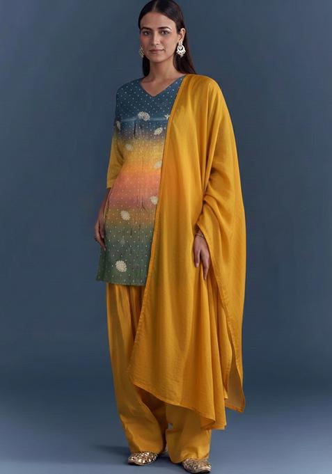 Mustard Yellow Tie And Dye Crepe Punjabi Suit