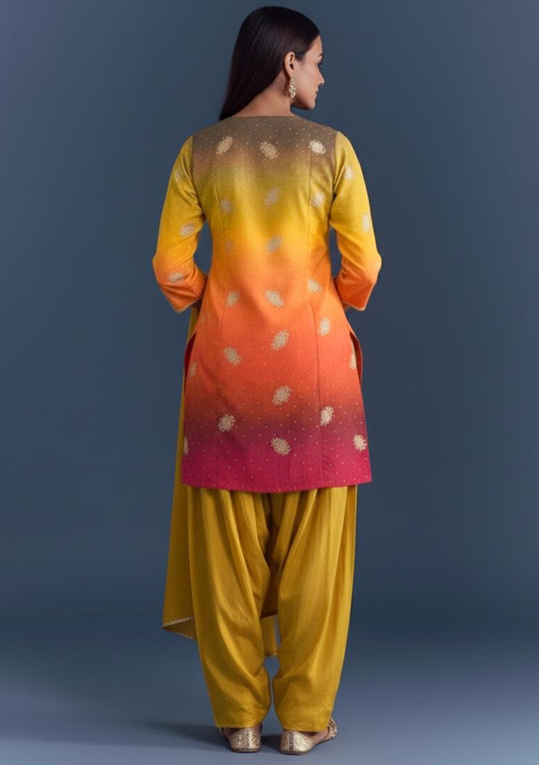 Yellow Solid Crepe Punjabi Suit - Indya
