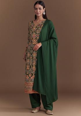 Dark Green Embroidered Crepe Straight Kurta Set