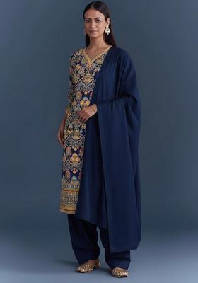 Navy Blue Embroidered Crepe Straight Kurta Set