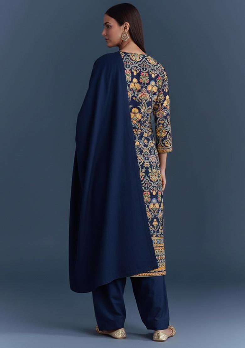 Navy Blue Embroidered Crepe Straight Kurta Set - Indya