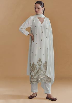 Ivory Embroidered Crepe Straight Kurta Set