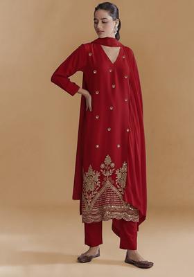 Red Embroidered Crepe Straight Kurta Set