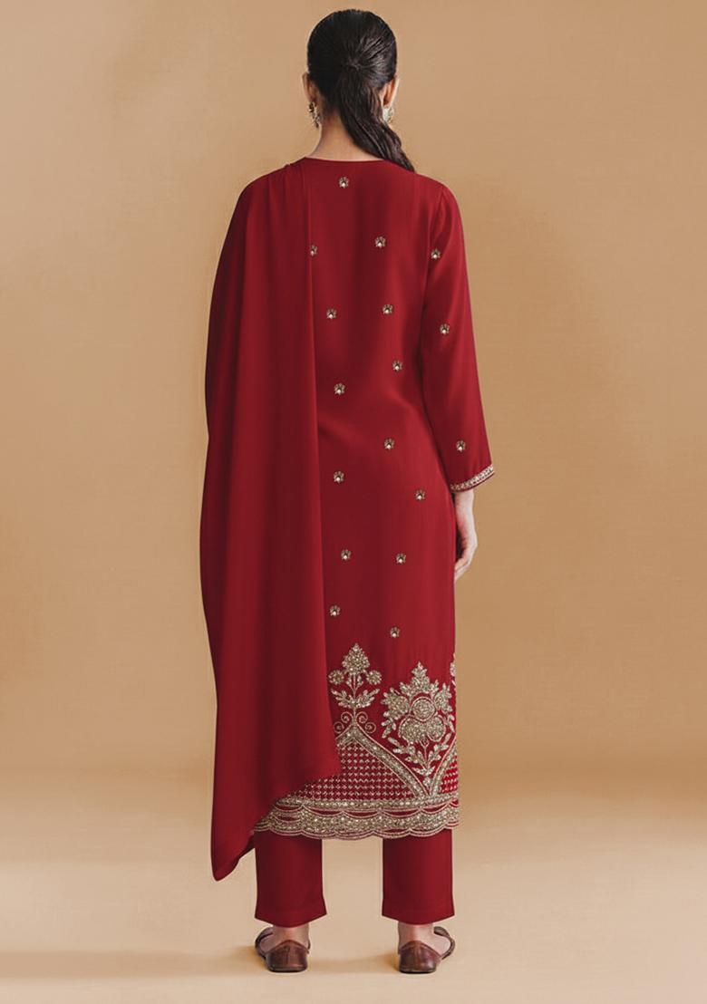 Red Embroidered Crepe Straight Kurta Set - Indya