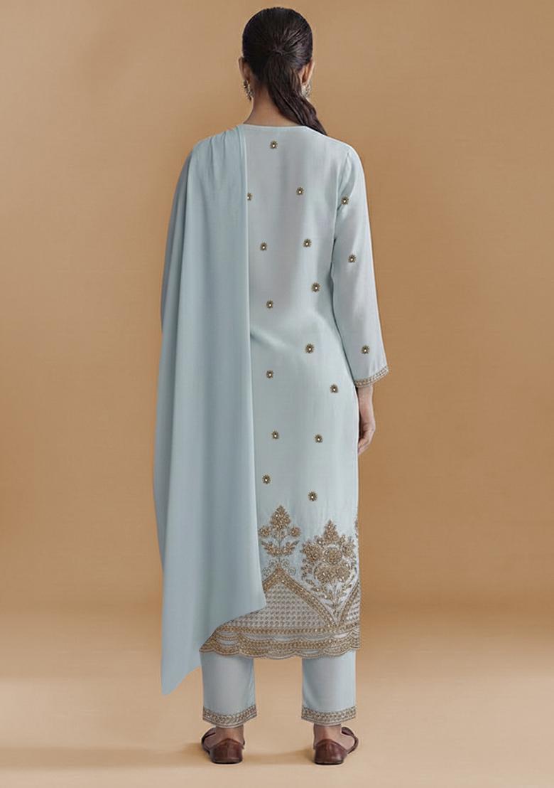 Ice Blue Embroidered Crepe Straight Kurta Set - Indya