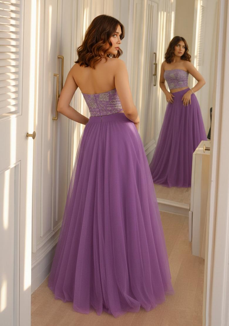 Lavender Embroidered Tissue Lehenga Set - Indya