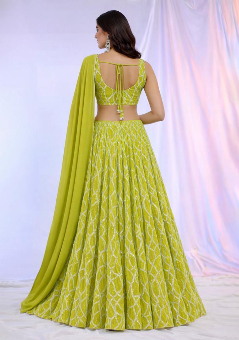 Lime Green Embroidered Georgette Lehenga Set - Indya