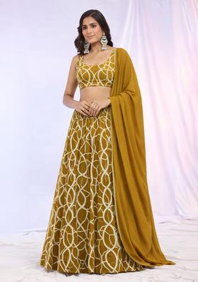 Mustard Embroidered Georgette Lehenga Set
