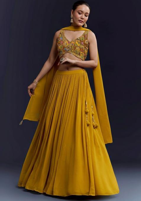 Yellow Figure Print Crepe Lehenga Set
