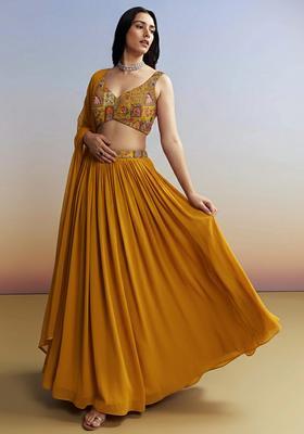 Mustard Figure Print Crepe Lehenga Set