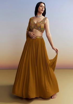 Mustard Figure Print Crepe Lehenga Set