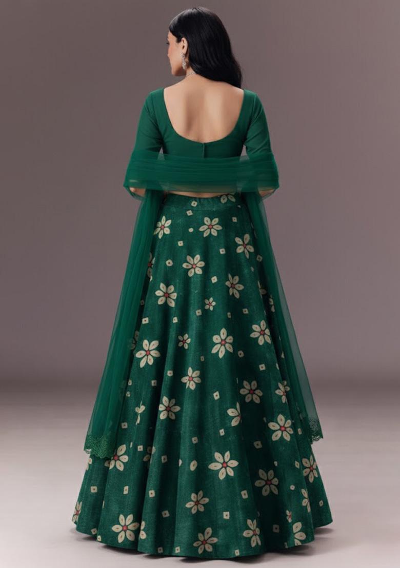 Bottle Green Floral Print Velvet Lehenga Set - Indya