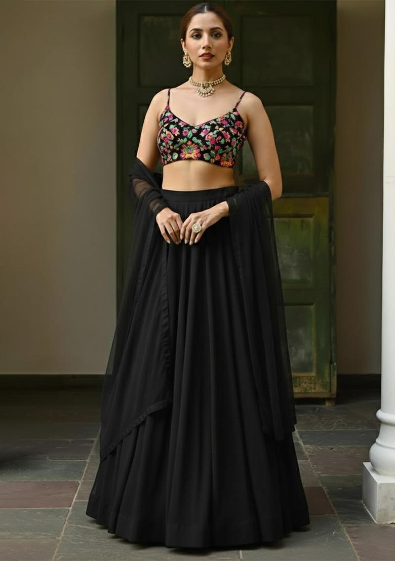 Black Floral Print Crepe Lehenga Set - Indya