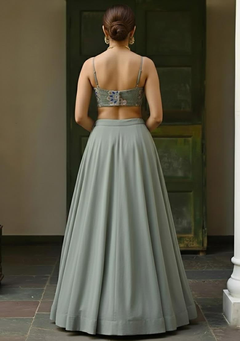 Sage Grey Embroidered Crepe Lehenga Set - Indya