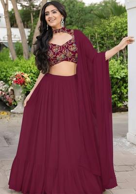 Deep Magenta Embroidered Crepe Lehenga Set