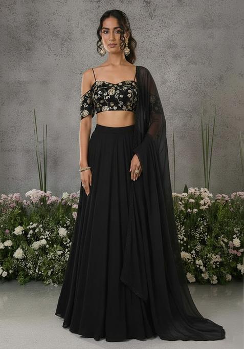 Black Embroidered Silk Blend Lehenga Set