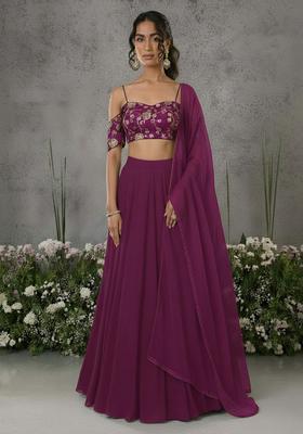 Dark Pink Embroidered Silk Blend Lehenga Set