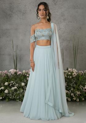 Ice Blue Embroidered Silk Blend Lehenga Set
