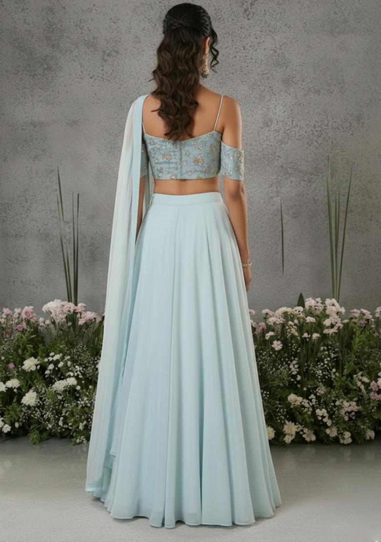 Ice Blue Embroidered Silk Blend Lehenga Set - Indya