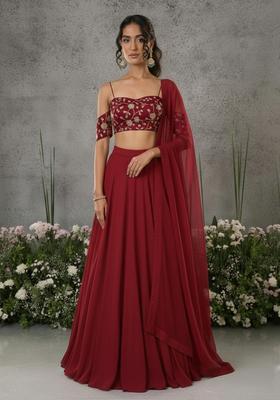 Wine Embroidered Silk Blend Lehenga Set