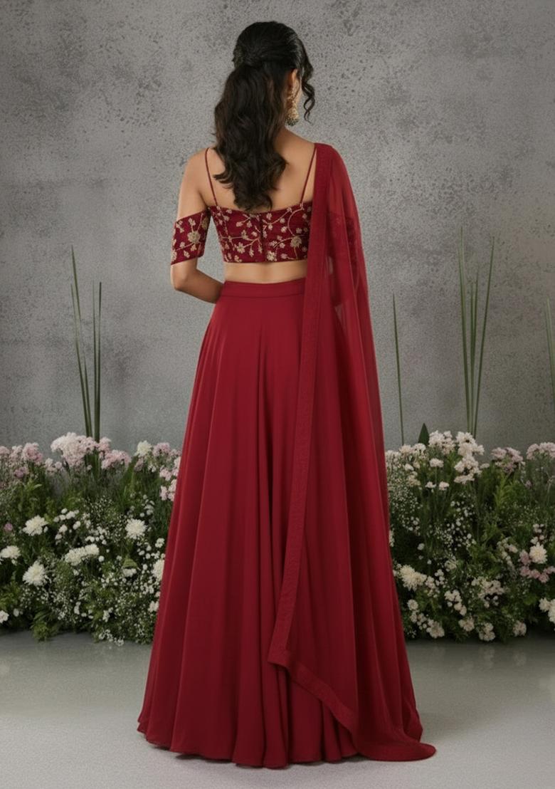 Wine Embroidered Silk Blend Lehenga Set - Indya