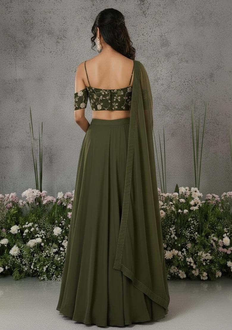 Olive Green Embroidered Silk Blend Lehenga Set - Indya