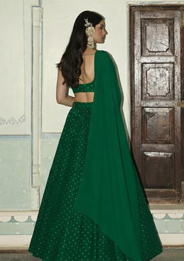 Dark Green Zari Tissue Lehenga Set - Indya