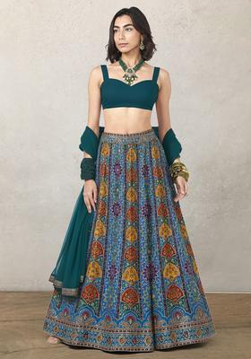 Bottle Green Embroidered Crepe Lehenga Set