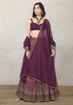 Purple Embroidered Crepe Lehenga Set