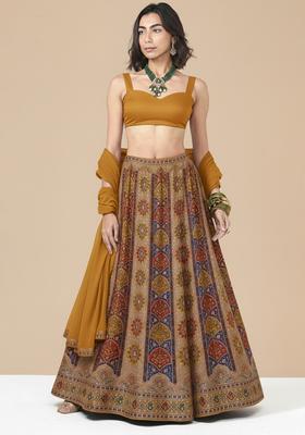 Mustard Embroidered Crepe Lehenga Set