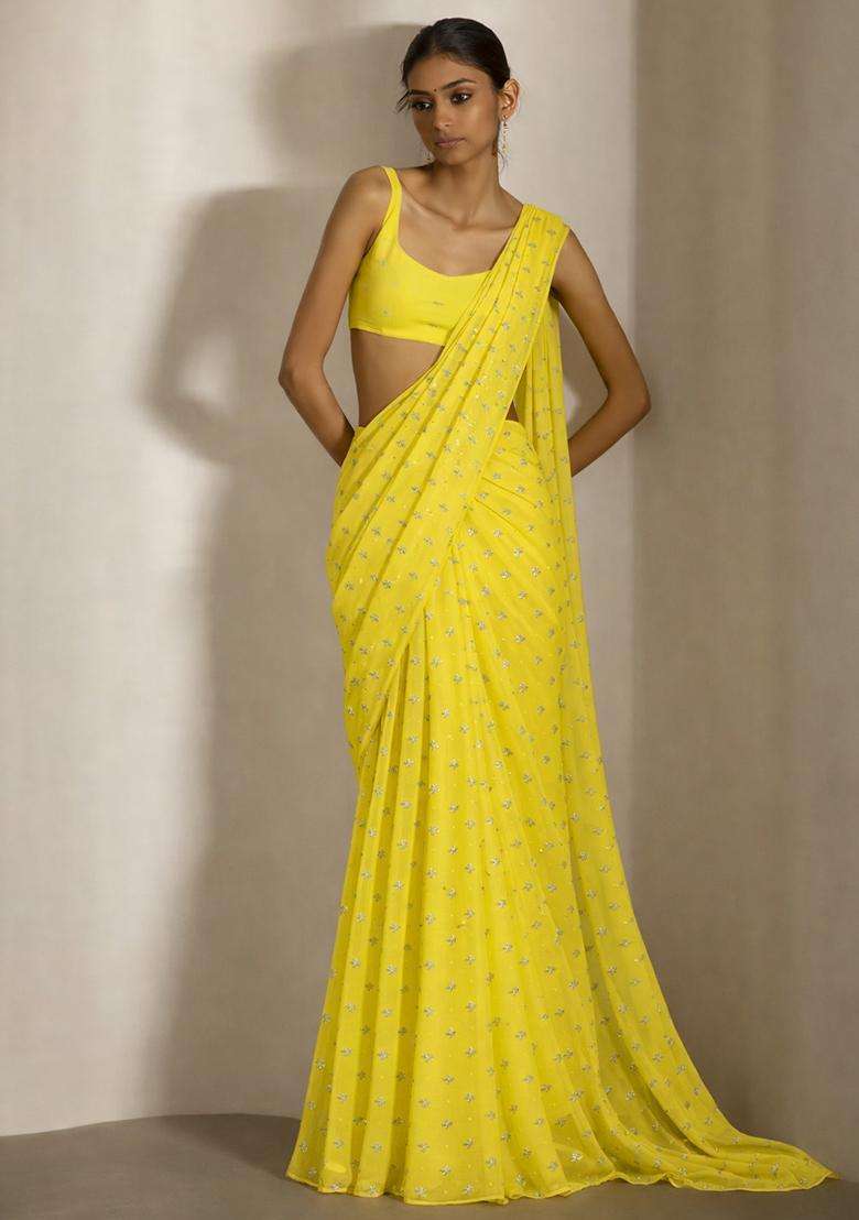 Bright Yellow Embroidered Organza Pre Draped Saree Set - Indya