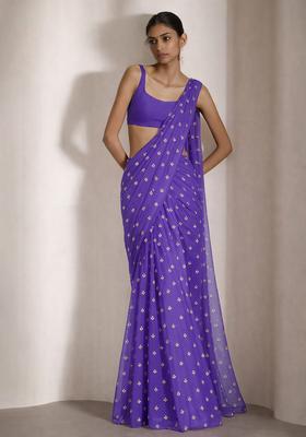 Purple Embroidered Organza Pre Draped Saree Set