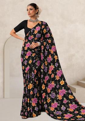 Black Floral Print Crepe Pre Draped Saree Set