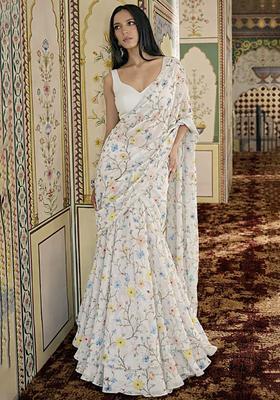 White Embroidered Georgette Pre Draped Saree Set