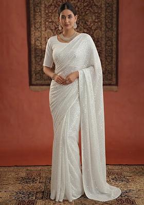 Ivory Sequin Georgette Pre Draped Saree Set