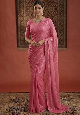Pink Sequin Georgette Pre Draped Saree Set