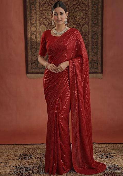 Red Sequin Georgette Pre Draped Saree Set