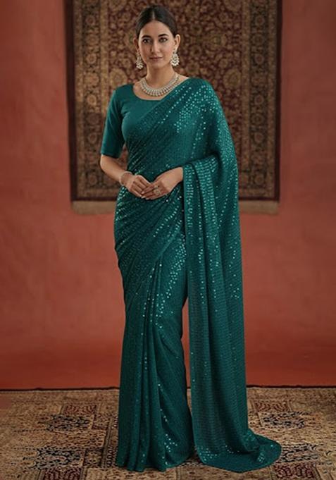 Teal Green Sequin Georgette Pre Draped Saree Set