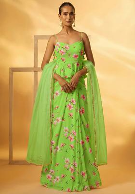 Pistachio Green Floral Print Georgette Fusion Set