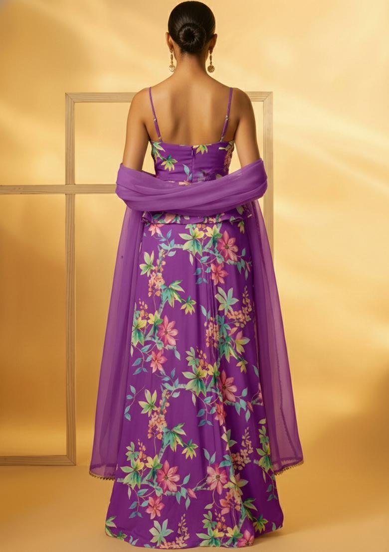 Royal Purple Floral Print Georgette Fusion Set - Indya