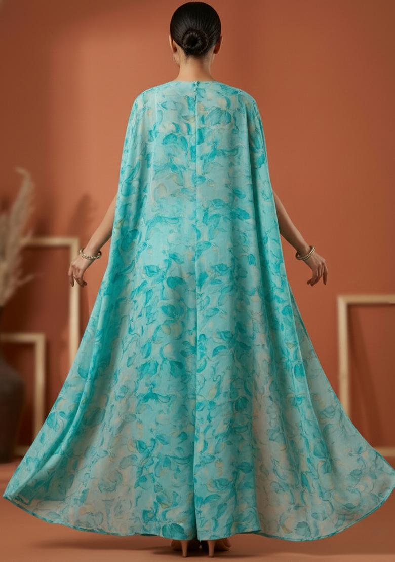 Aqua Blue Floral Print Georgette Fusion Set - Indya