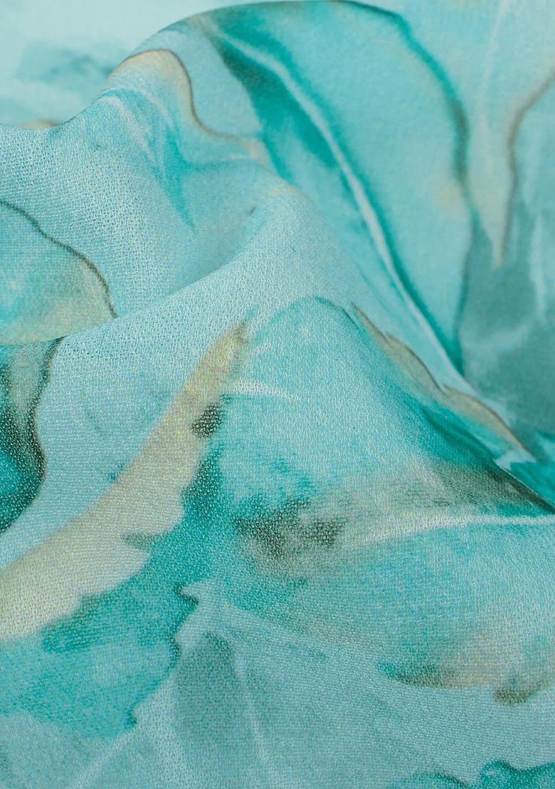 Aqua Blue Floral Print Georgette Fusion Set - Indya