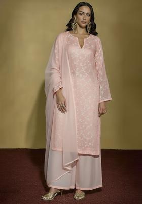 Peach Chikankari Tissue Straight Kurta Set