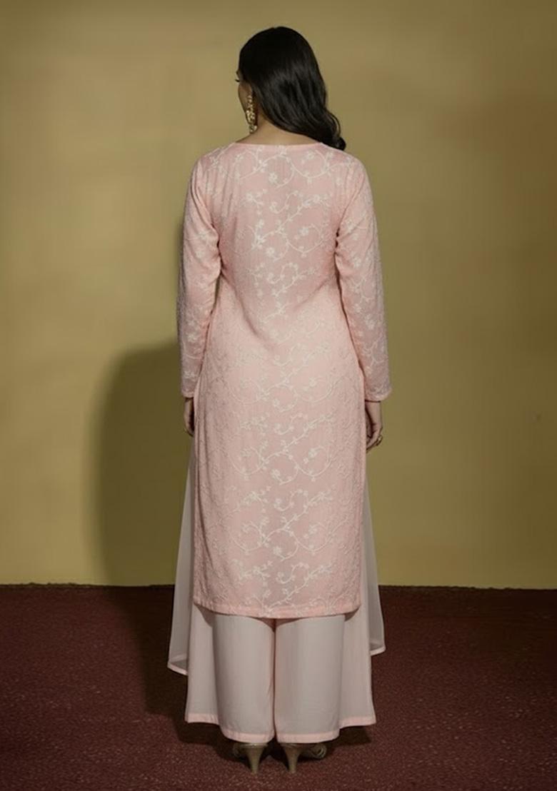 Peach Chikankari Tissue Straight Kurta Set - Indya