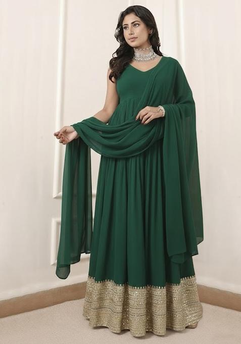 Dark Green Embroidered Georgette Anarkali With Dupatta