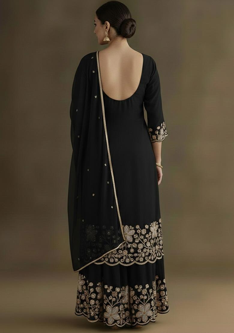 Black Embellished Crepe Sharara Set - Indya