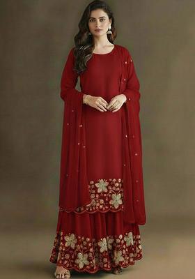 Wine Embellished Crepe Sharara Set