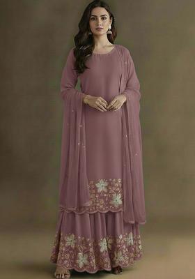 Mauve Embellished Crepe Sharara Set